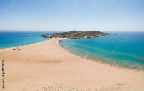 Aerial birds eye view drone photo Prasonisi on Rhodes island, Dodecanese, Greece. Panorama with nice lagoon, sand beach and clear blue water. Famous tourist destination in South Europe © oleg_p_100