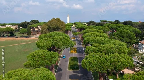 Panoramic landscape in Sabaudia, Lazio, Italy. Scenic resort town village with nice sand beach and clear blue water. Famous tourist destination in Riviera de Ulisse. Drone aerial video