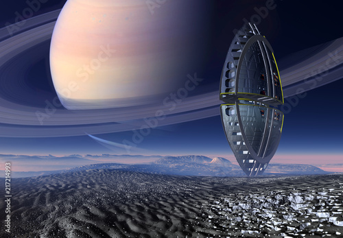 3D Rendered Fantasy Alien Landscape with space ship - 3D Illustration
