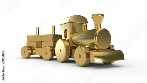 3D illustration of a Golden toy train, carries a car of gold bars. The idea of credit, Fund, budget, childhood, wealth and prosperity. Image with depth of field isolated on a white background.