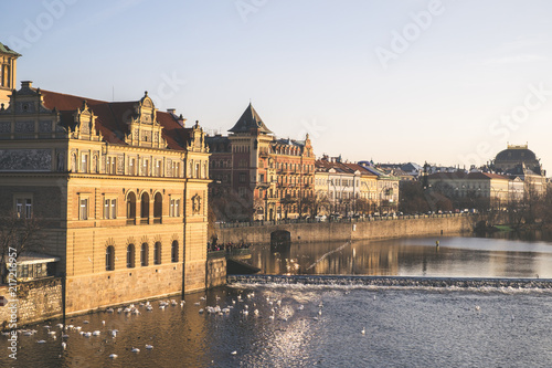 Prague, old town, Campa, Czech Republic. Boats on river Vltava.