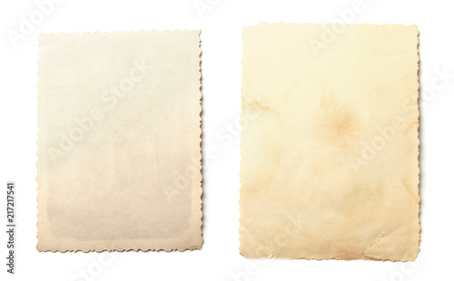  Old photos isolated on white background. Mock-up blank paper. Postcard rumpled and dirty vintage
