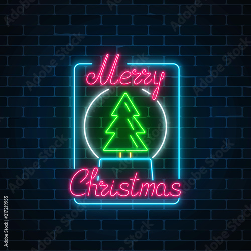 Glowing neon christmas sign with christmas tree in snowball. Xmas symbol web banner in neon style.