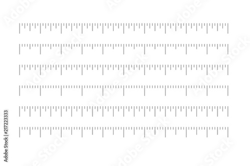 Set of horizontal rulers - lenght and size indicators distance units divided in quaters. Vector illustration. photo