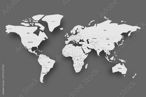Fototapeta Naklejka Na Ścianę i Meble -  Political map of World. Light grey map with country borders and labels with dropped shadow on dark gray background. Vector illustration.