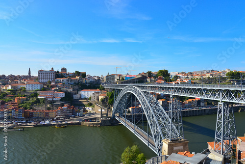 Panoramic landscape view of Dom Luis Bridge, Luís I Bridge, which is iconic arched metal bridg, riverside of Douro river and old town cityscape on the hill in Porto, Portugal, Europe