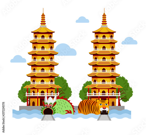 Dragon and Tiger temple at Kaohsiung, Taiwan. Vector flat illustration.