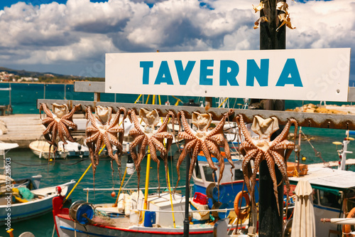 Drying octopus, traditional greek seafood and taverna in harbour of Chania in the sunny morning, Crete, Greece