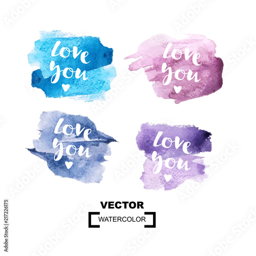 Inscription "Love you" with watercolor vector colorful background. Valentines Day greeting card. Love confession with rounded watercolour texture, uneven artistic edge.