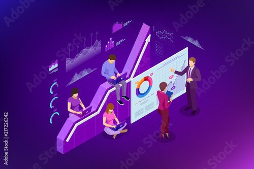 Isometric web banner Data Analisis and Statistics concept. Vector illustration business analytics, Data visualization. Technology, Internet and network concept. Data and investments.