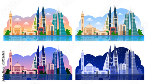 Manama. Bahrain, horizontal panoramic view. Day and night, dawn and sunset. Vector illustration