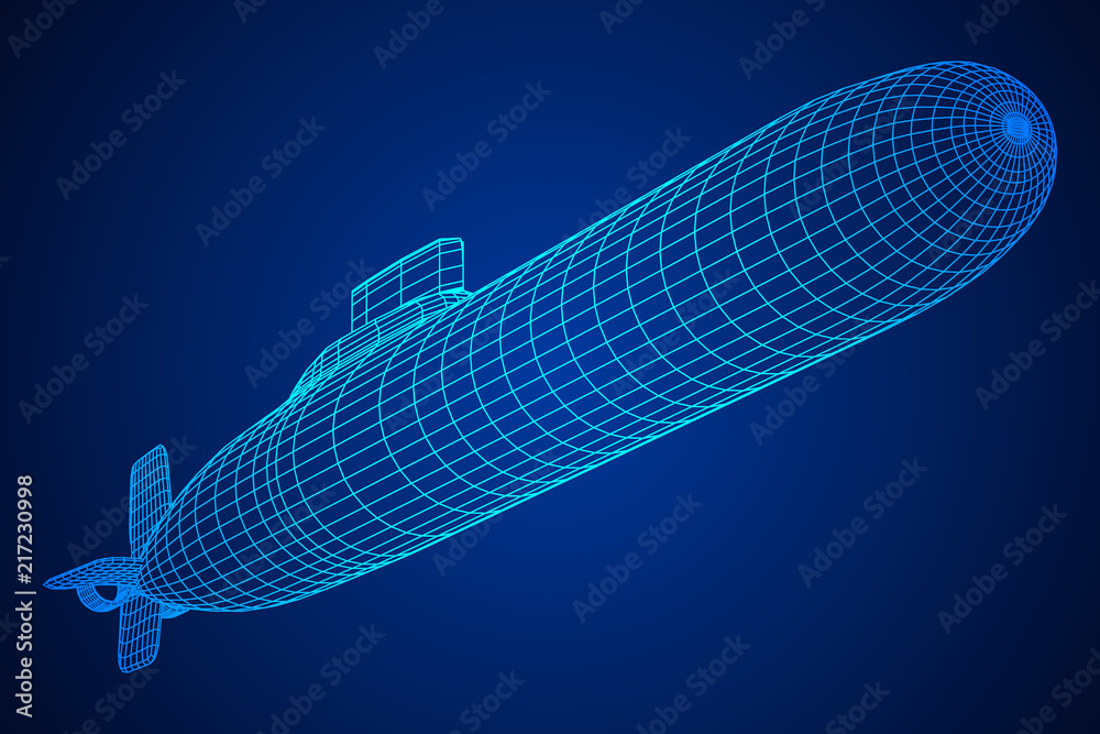 Obraz premium Military atomic submarine underwater boat. Wireframe low poly mesh vector illustration