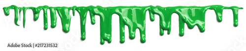 Green slime like paint dripping isolated on white