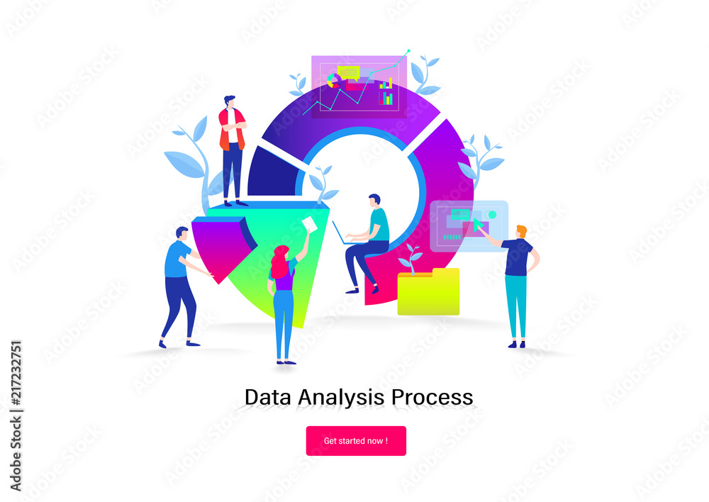 Big Data analysis.Teamwork,developer,programmer. business people. Flat cartoon miniature  illustration vector graphic on white background.