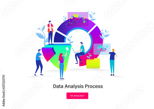 Big Data analysis.Teamwork developer programmer. business people. Flat cartoon miniature  illustration vector graphic on white background.