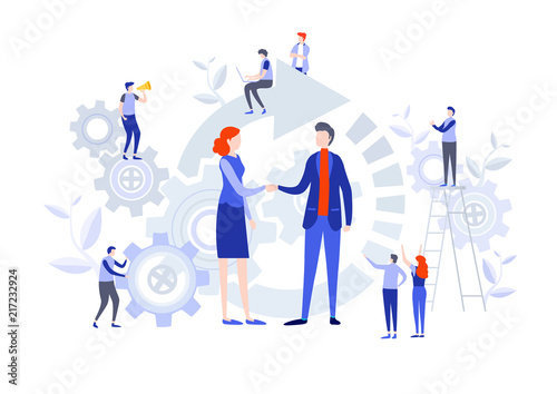 Handshake of business people. Miniature cartoon illustration vector graphic on white background.
