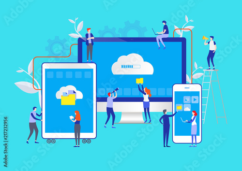Big Data. Cloud Online Data. Storage System. Flat cartoon miniature  illustration vector graphic on white background.
