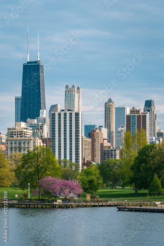 The Chicago skyline and South Pond at Lincoln Park in Chicago, Illinois