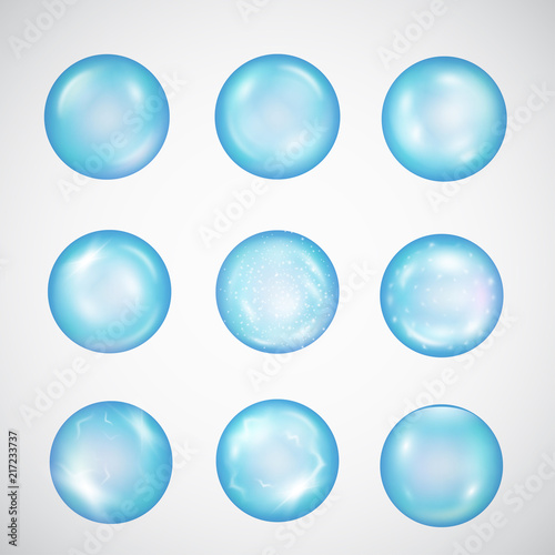 Water vector bubbles set. Pure blue vector drops. Symbol of ecological safety, natural, clean beverage, essential element of life, environment pollution or aqua deficiency issue isolated on white.