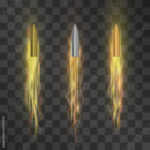 Fired bullets set with shining trails, flying to the target.  Aggressive attack, dangerous fight, powerful strike or conflict symbol. Bronze, silver and golden slugs on transparent background.