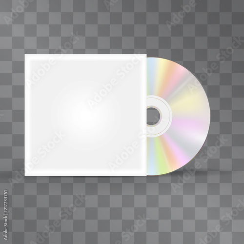 Cd, dvd disc realistic pakage template for mock ups, advertisement, web-design. Glowing plastic surface stylization of music, video, software, information data medium on transparent background.