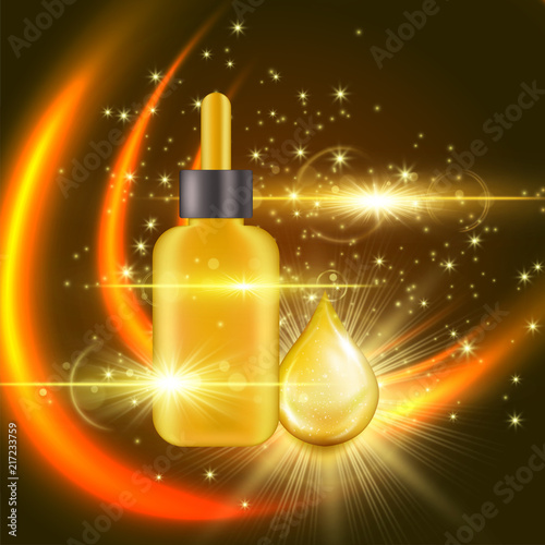 Serum essence bottle with dropper and drop vector design. Skin care cosmetic extract, moisturizing cream, anti aging product, precious face oil. Luxurious mask with shining flares, golden swirls decor