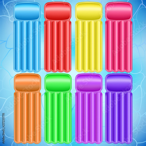 Pool mattrasses set, inflatable sea relaxation accessories on blue rippled water background. Cartoon style 3d drawing, happy summer holiday design pieces. For outdoor party posters, invitations.