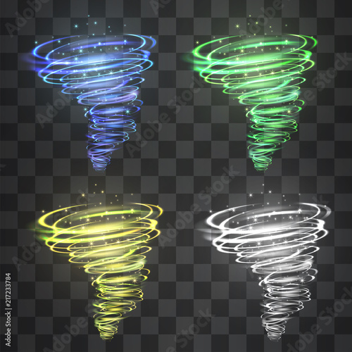 Winter hurricane light effect. Vector glowing tornado, swirling storm cone of cold shining flames on transparent background. Glittering blizzard flame funnel,  blue magical illumination.