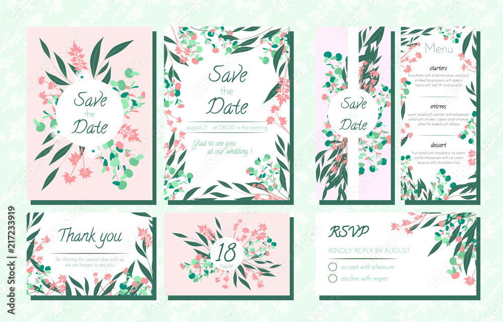 Naklejka premium Invite Templates Set with Eucalyptus.