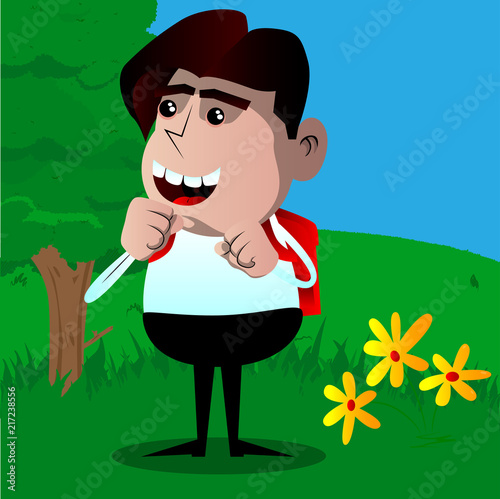Schoolboy holding his fists in front of him ready to fight. Vector cartoon character illustration.