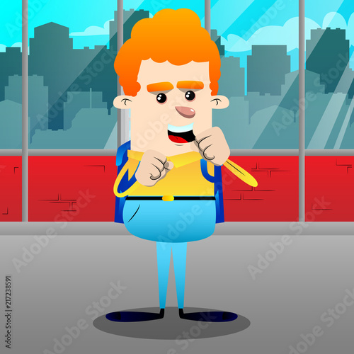Schoolboy holding his fists in front of him ready to fight. Vector cartoon character illustration.