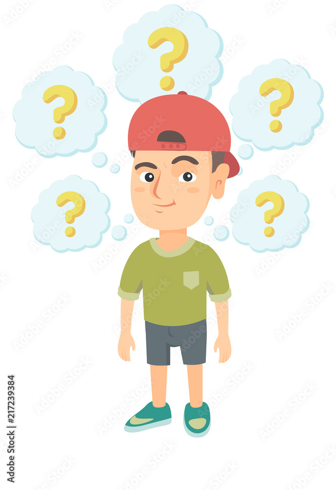 Caucasian thinking boy with question marks. Thoughtful little boy in a cap standing under question marks above his head. Vector sketch cartoon illustration isolated on white background. Caucasian thinking boy with question marks. Thoughtful little boy in a cap standing under question marks above his head. Vector sketch cartoon illustration isolated on white background.