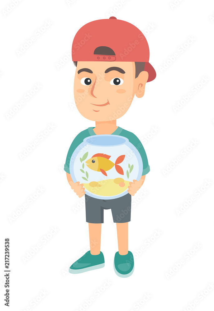 Caucasian boy in a cap holding aquarium with goldfish. Full length of smiling little boy holding bowl with pet fish. Vector sketch cartoon illustration isolated on white background. Caucasian boy in a cap holding aquarium with goldfish. Full length of smiling little boy holding bowl with pet fish. Vector sketch cartoon illustration isolated on white background.