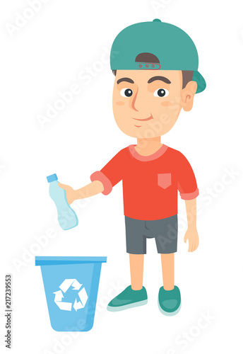 Eco-friendly caucasian boy throwing plastic bottle in recycle bin. Full length of little boy throwing plastic waste in recycling bin. Vector sketch cartoon illustration isolated on white background.