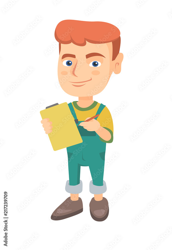 Happy little caucasian boy writing on the paper attached to a clipboard. Laughing boy holding clipboard and pencil. Vector sketch cartoon illustration isolated on white background.
