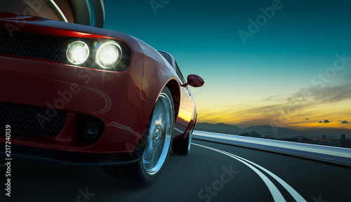 Closeup front and low angle view of a generic red brandless American muscle car in a city street road with motion blur . Transportation concept . 3D Rendering . Mixed media .