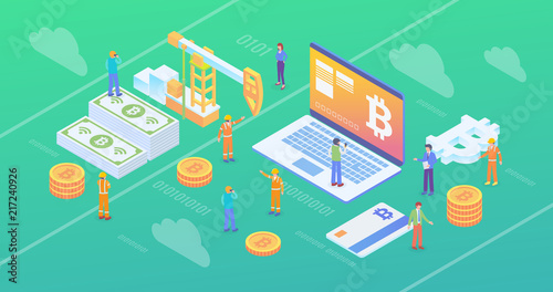 Bitcoin Crypto Currency Blockchain Mining Site Isometric Composition Background Wallpaper With People and Digital Related Asset Illustration