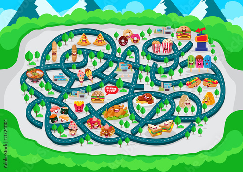 Fun Educational Delicious Urban City Restaurant Theme Maze Puzzle Games For Children Illustration