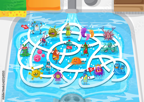 Fun Educational Dishwasher Sink Germs And Cleaner Theme Maze Puzzle Games For Children Illustration
