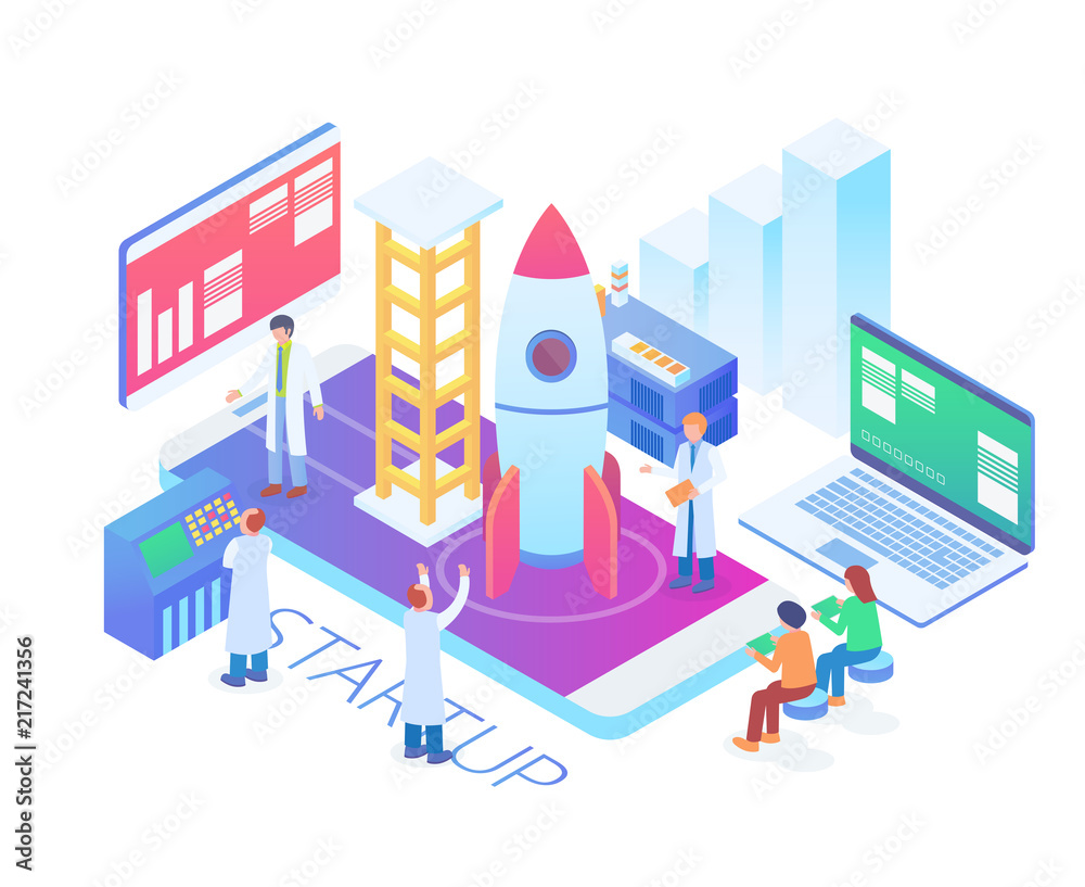 Modern Isometric Technology Startup Product Launch Illustration in White Isolated Background Modern Isometric Technology Startup Product Launch Illustration in White Isolated Background