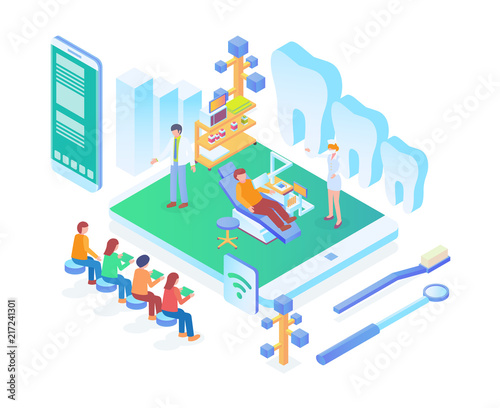 Modern Isometric Dental Healthcare Clinic Illustration in White Isolated Background