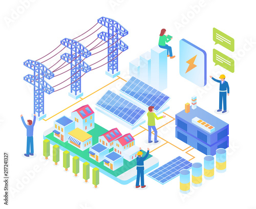 Modern Isometric Electrical Solar Power Plant Illustration in White Isolated Background