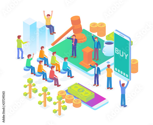 Modern Isometric Smart Online Auction Technology Illustration in White Isolated Background