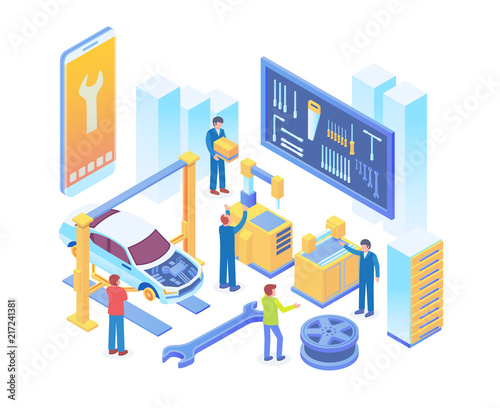 Modern Isometric Smart Online Car Workshop System Technology Illustration in White Isolated Background