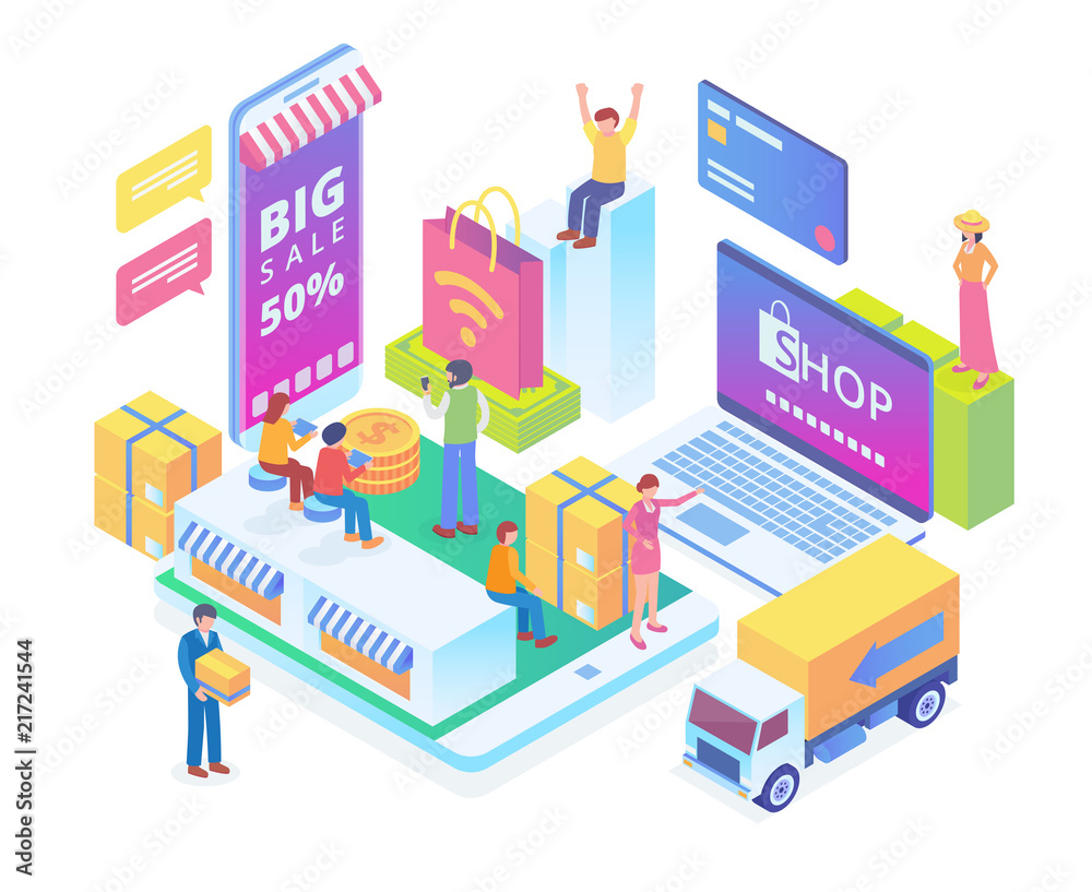 Modern Isometric E-Commerce Delivery System Illustration in White Isolated Background