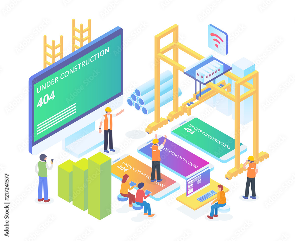Modern Isometric Error 404 Under Construction Page Illustration in White Isolated Background