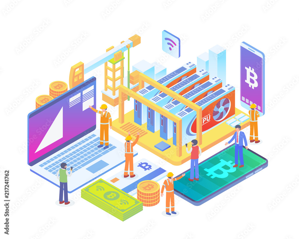 Modern Isometric GPU Bitcoin Mining Rig Technology Illustration Concept Modern Isometric GPU Bitcoin Mining Rig Technology Illustration Concept