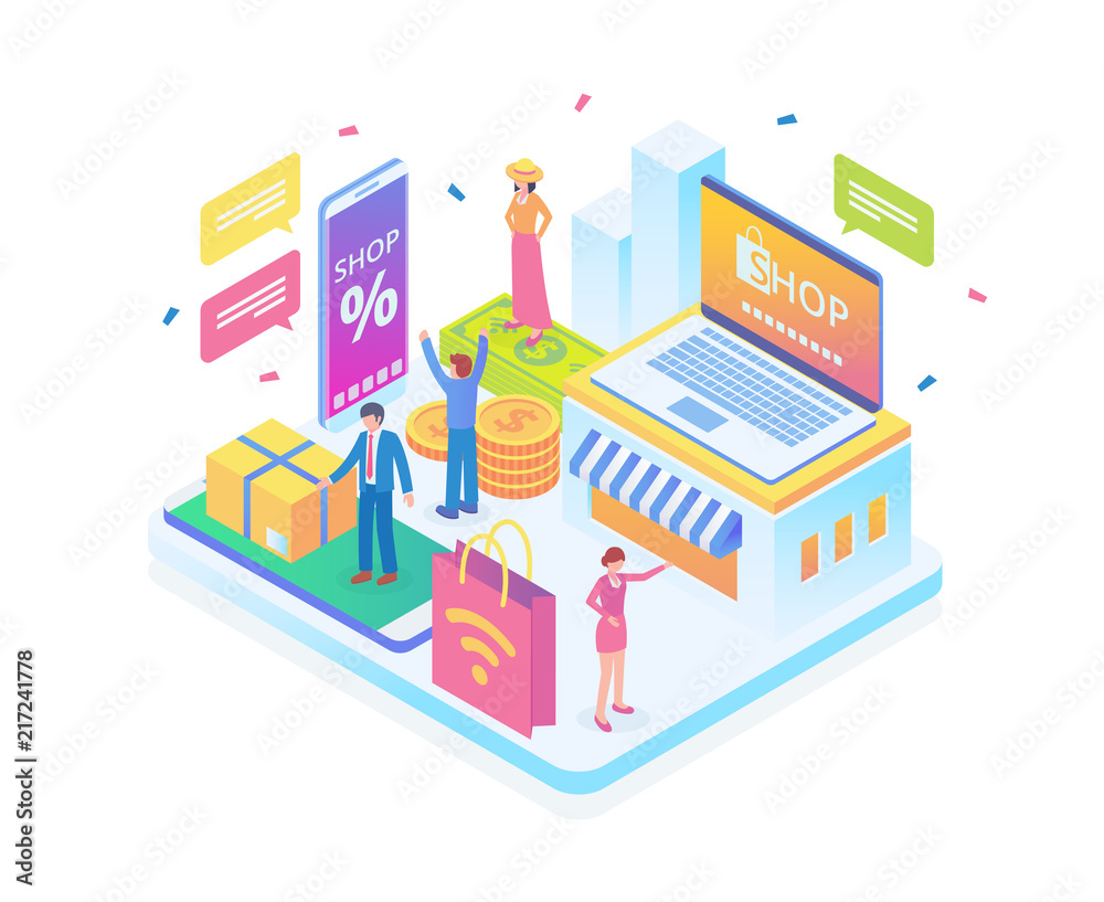 Modern Isometric Online Shopping Illustration in White Isolated Background With People and Digital Related Asset