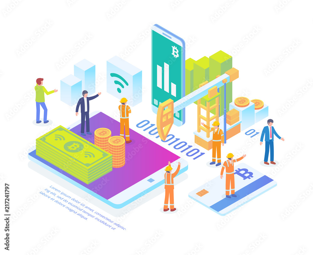 Modern Isometric Bitcoin Mining Illustration in White Isolated Background With People and Digital Related Asset Modern Isometric Bitcoin Mining Illustration in White Isolated Background With People and Digital Related Asset