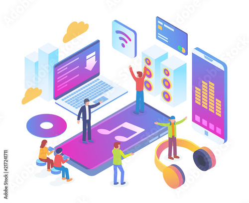 Modern Isometric Smart Online Music Entertainment Technology Illustration in White Isolated Background